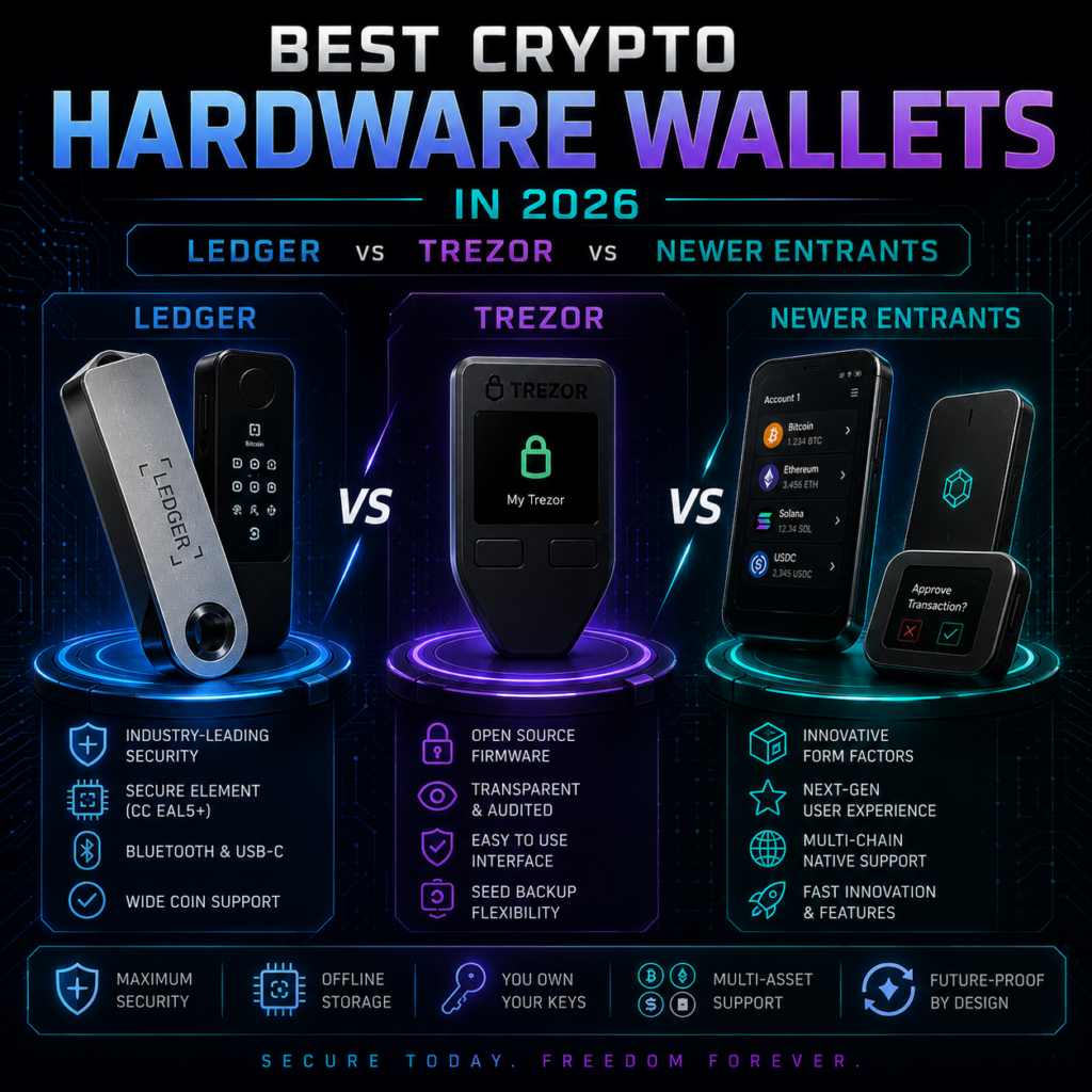 Best crypto hardware wallet 2026 devices glowing on a dark neon background