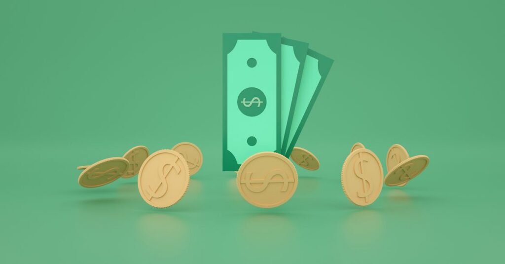 institutional crypto adoption: 3D illustration of gold coins and green dollar bills symbolizing finance and wealth