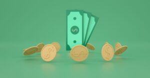 institutional crypto adoption: 3D illustration of gold coins and green dollar bills symbolizing finance and wealth